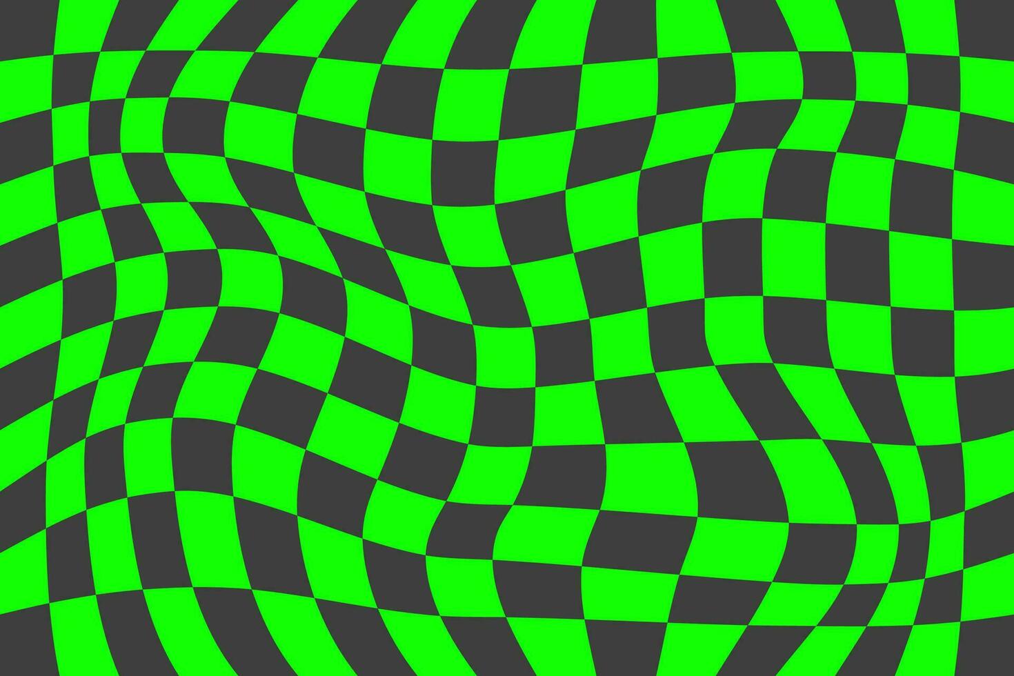Checkerboard pattern. Black and green psychedelic wavy background. Abstract grid warp texture. Y2k chessboard rave geometric design. Vector illustration.
