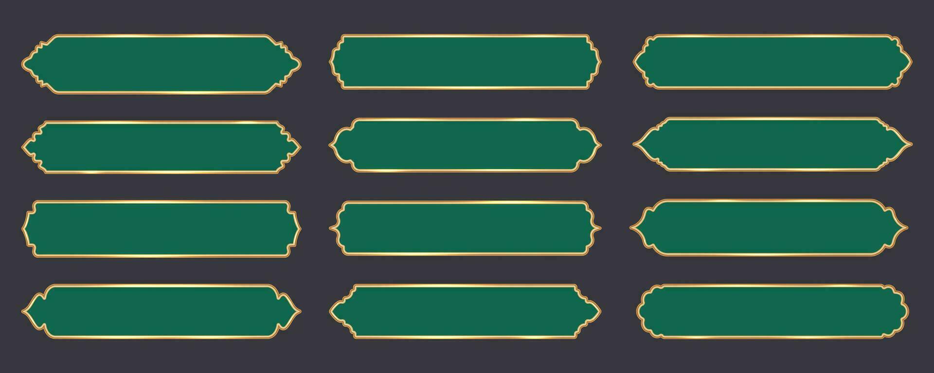 Ramadan window frame shapes. Islamic golden ribbons for text. Muslim mosque panel elements with ornament. Turkish tags set. Vector