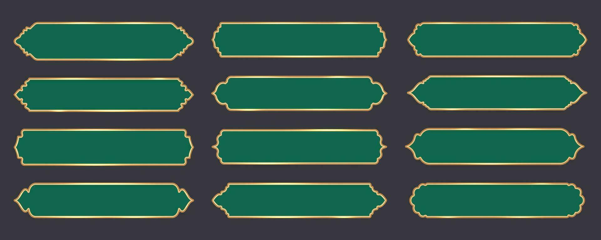 Ramadan window frame shapes. Islamic golden ribbons for text. Muslim mosque panel elements with ornament. Turkish tags set. Vector