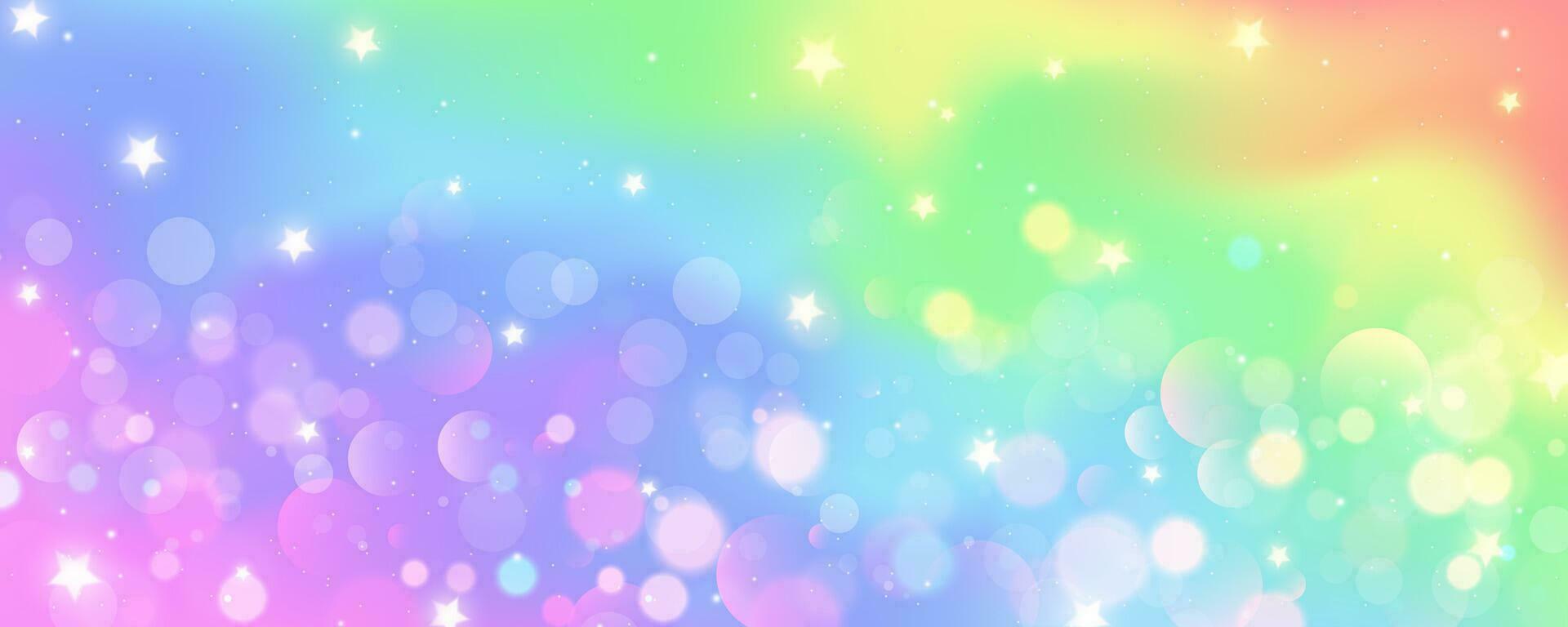 Rainbow unicorn background. Pastel watercolor sky with glitter stars and bokeh. Fantasy galaxy with holographic texrure. Magic marble space. Vector