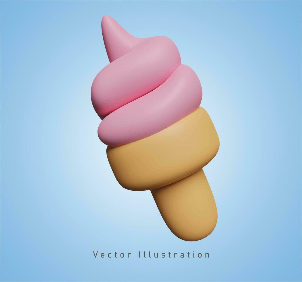 strawberry ice cream cone in 3d vector illustration