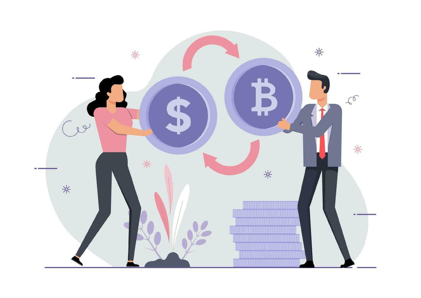 People exchanging bitcoin to dollars vector
