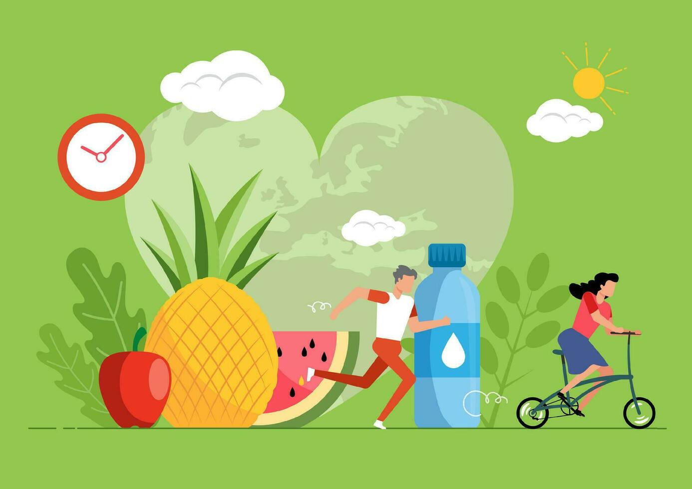 sano estilo de vida concepto con comida y deporte íconos vector