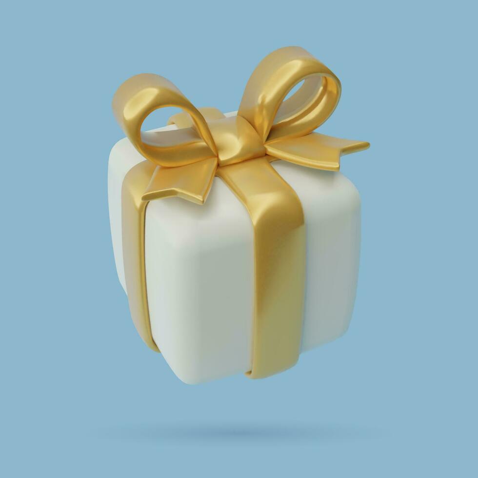 3d white gift box with golden ribbon and a big bow. Cute birthday or Christmas present icon. Cartoon three dimensional glossy plastic holiday and party design element. Vector illustration.