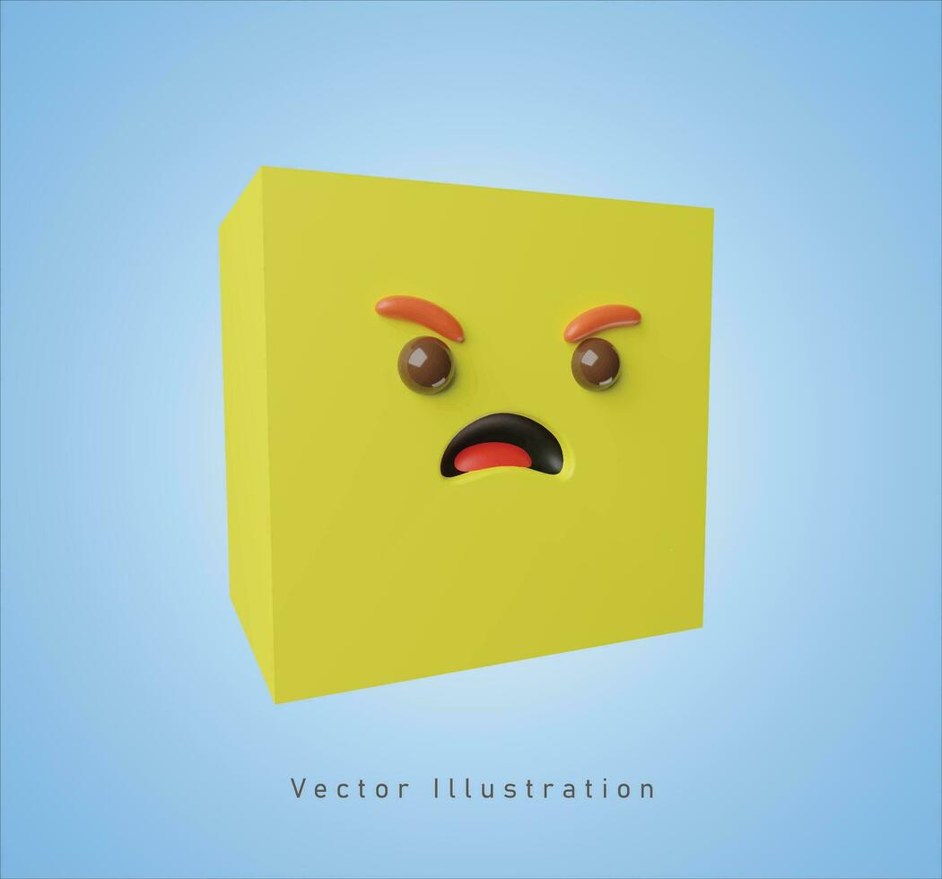 amarillo cubo con enojado cara en 3d vector ilustración