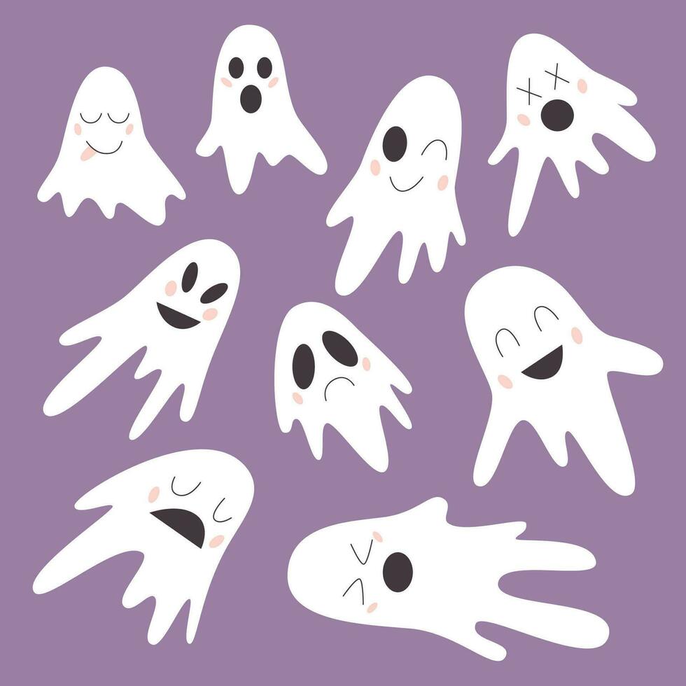Vector flat cartoon Halloween holiday ghosts, happy, spooky, tired, sad, winking, angry, cute faces, isolated on a purple background.