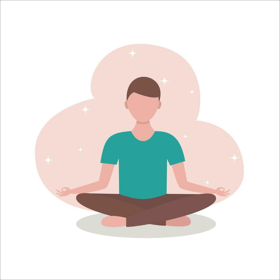 Young man in lotus position. Vector illustration in flat style.