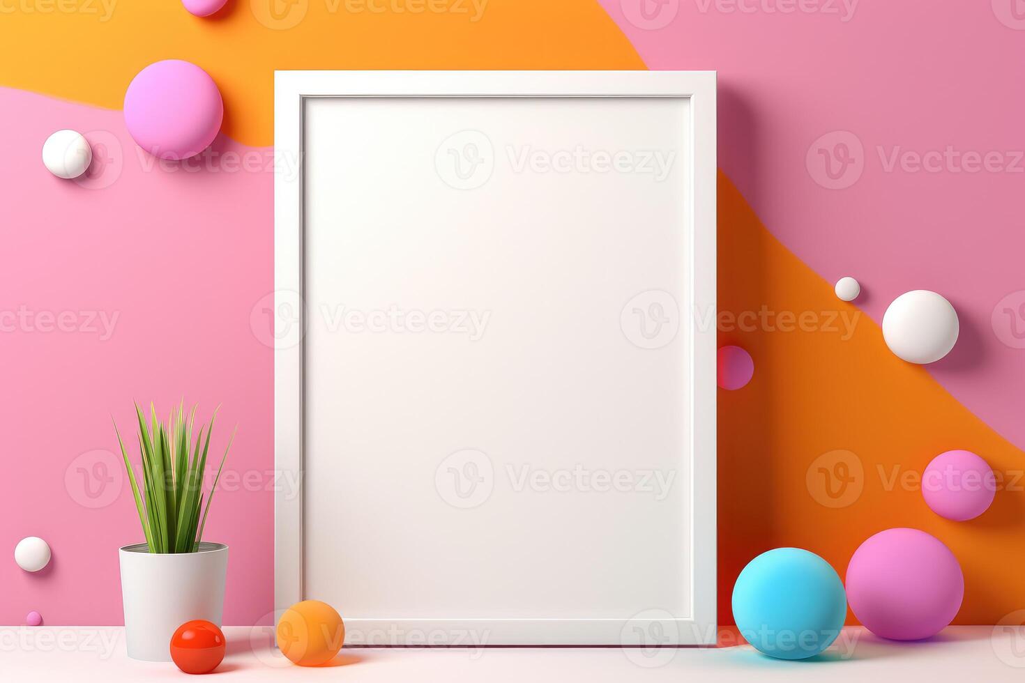 Blank mockup photo frame on colorful wall with decorations,