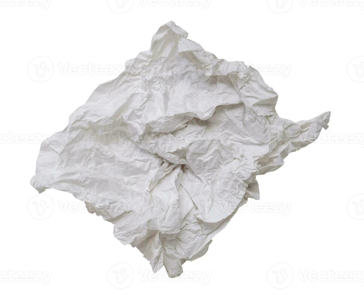 Single screwed or crumpled tissue paper or napkin in strange shape after use in toilet or restroom isolated on white background with clipping path photo