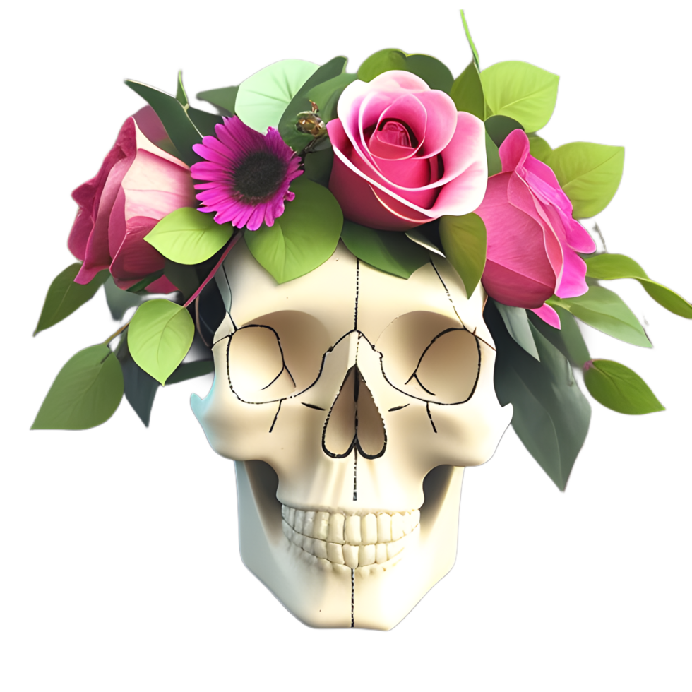 skulls, flowers and vines on a transparent background ai generative png