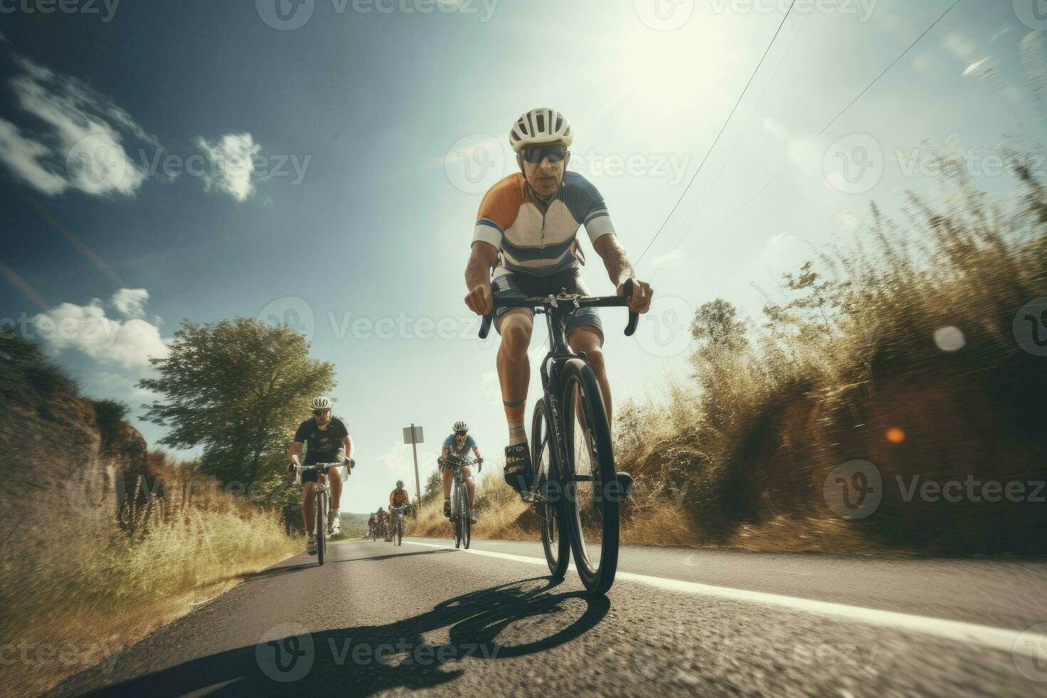 Group of bikers at group ride, AI Generated photo