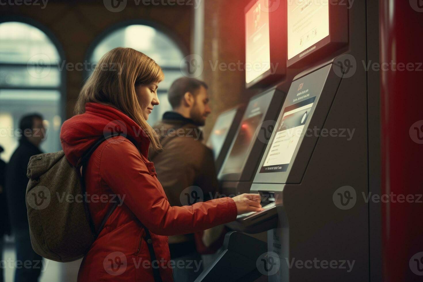 Woman using ATM machine at subway station , AI Generated photo