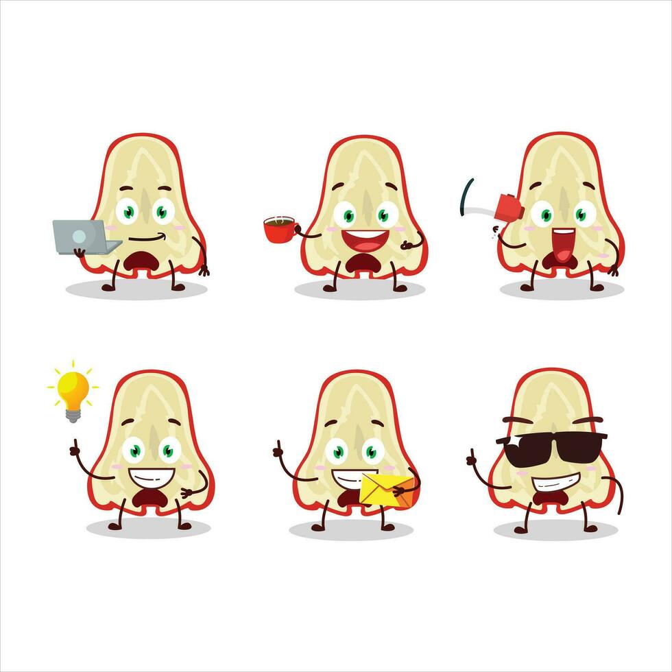 rebanada de agua manzana dibujos animados personaje con varios tipos de negocio emoticones vector