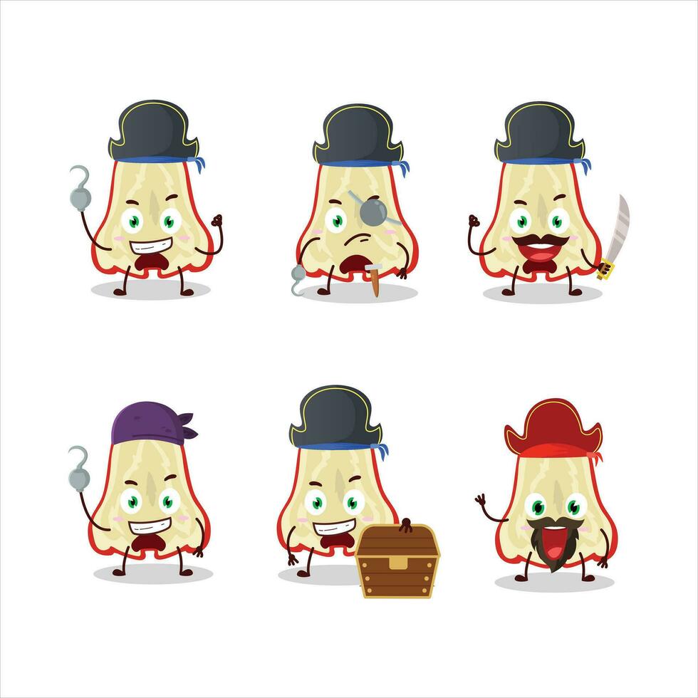 Cartoon character of slice of watter apple with various pirates emoticons vector