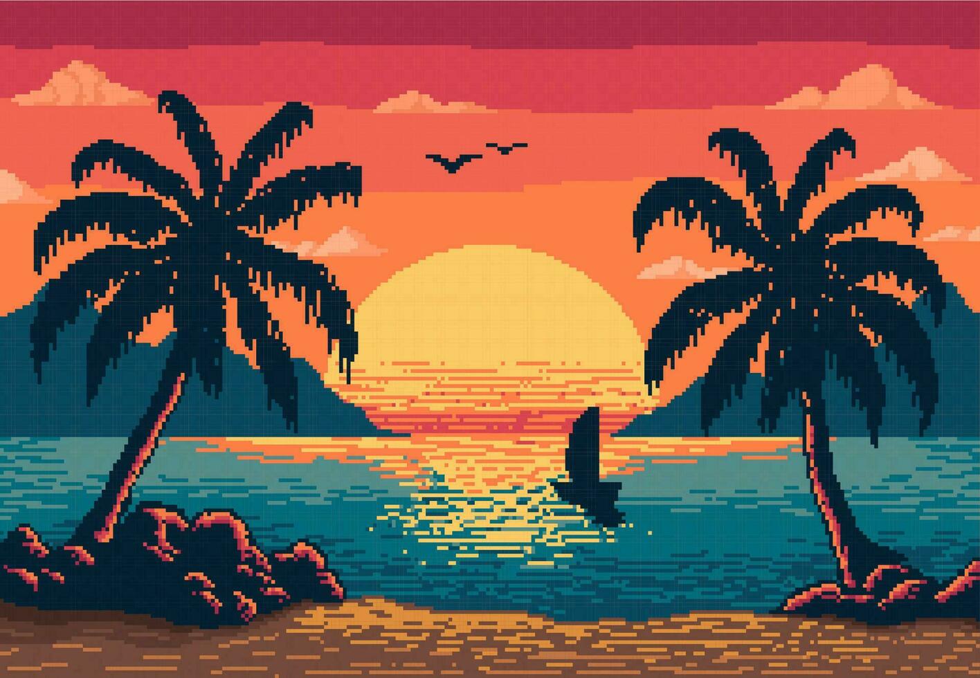 8 bit pixel art, sunset beach landscape background vector