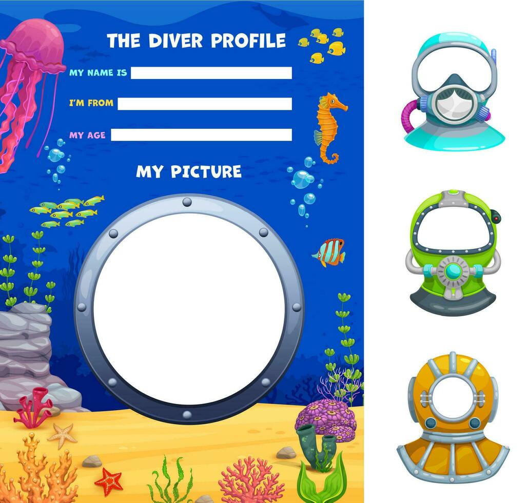 Frogman or diver profile form, kids information vector