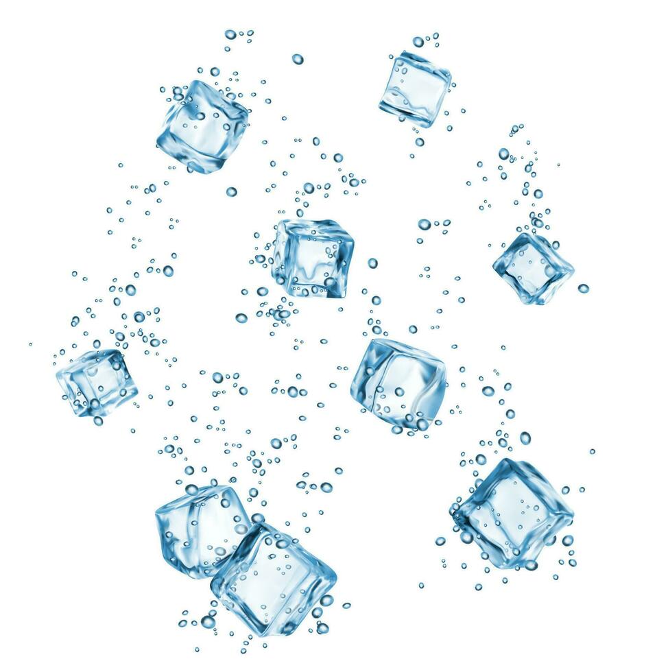 hielo cubitos con agua gotas o aire burbujas en efervescencia vector