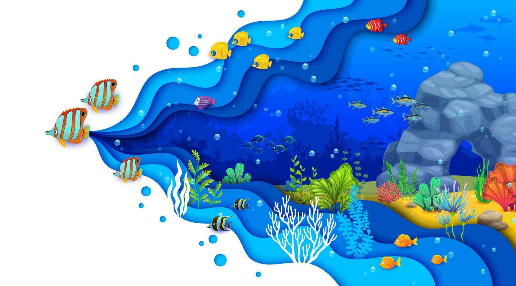 Cartoon tropical sea papercut underwater landscape vector