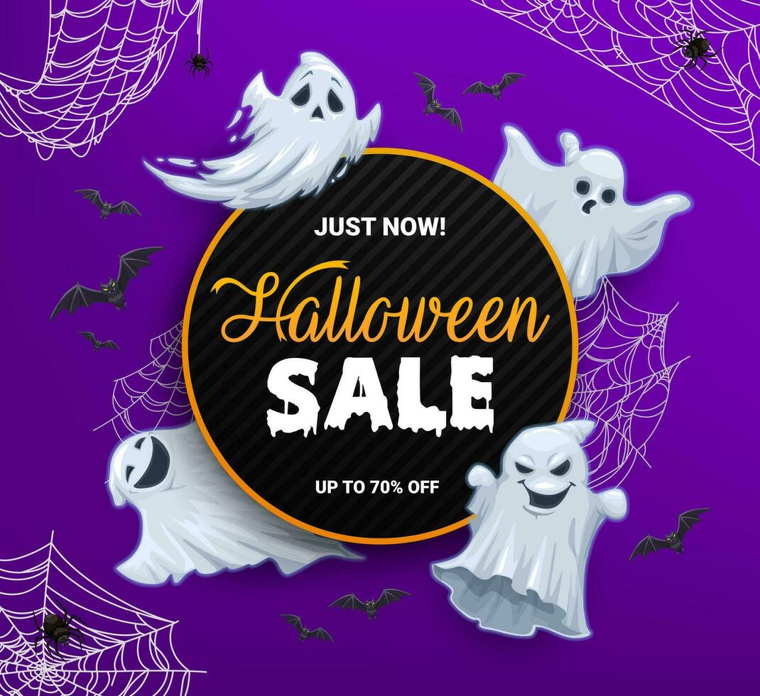 Halloween sale banner, cartoon ghosts and spiders vector