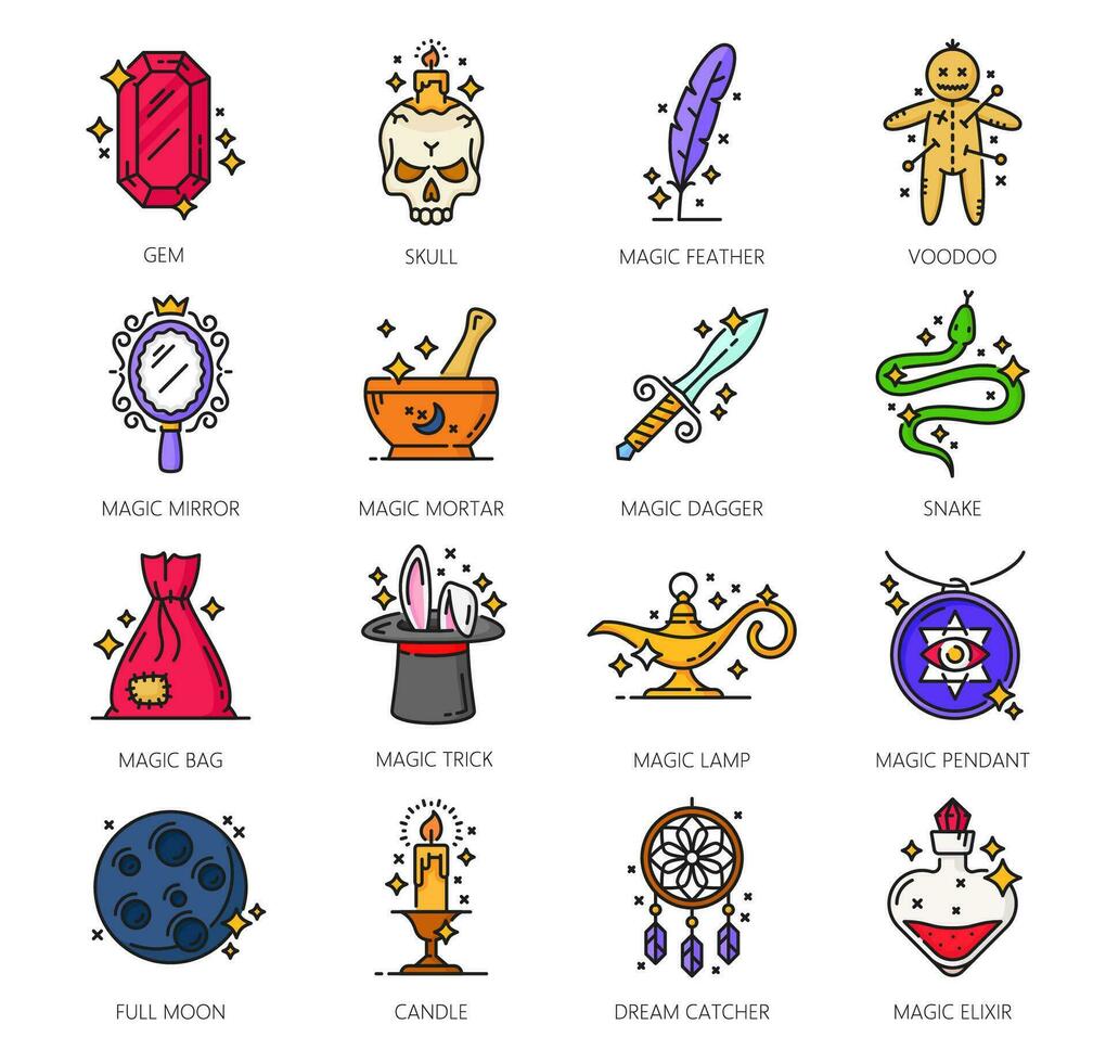 Color esoteric, witchcraft and magic thin icons vector