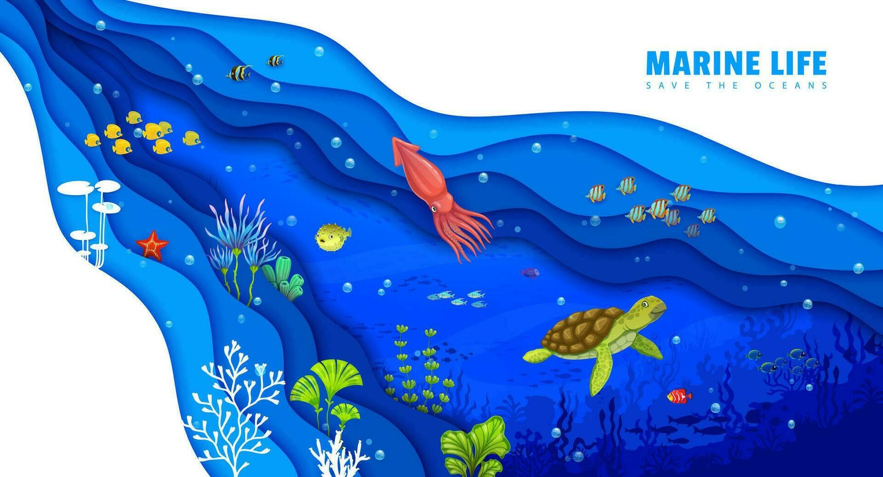 Underwater life, cartoon sea paper cut landscape vector