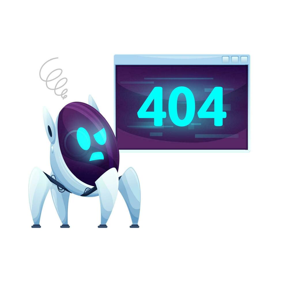 404 Page with cartoon robot, alarm message screen vector