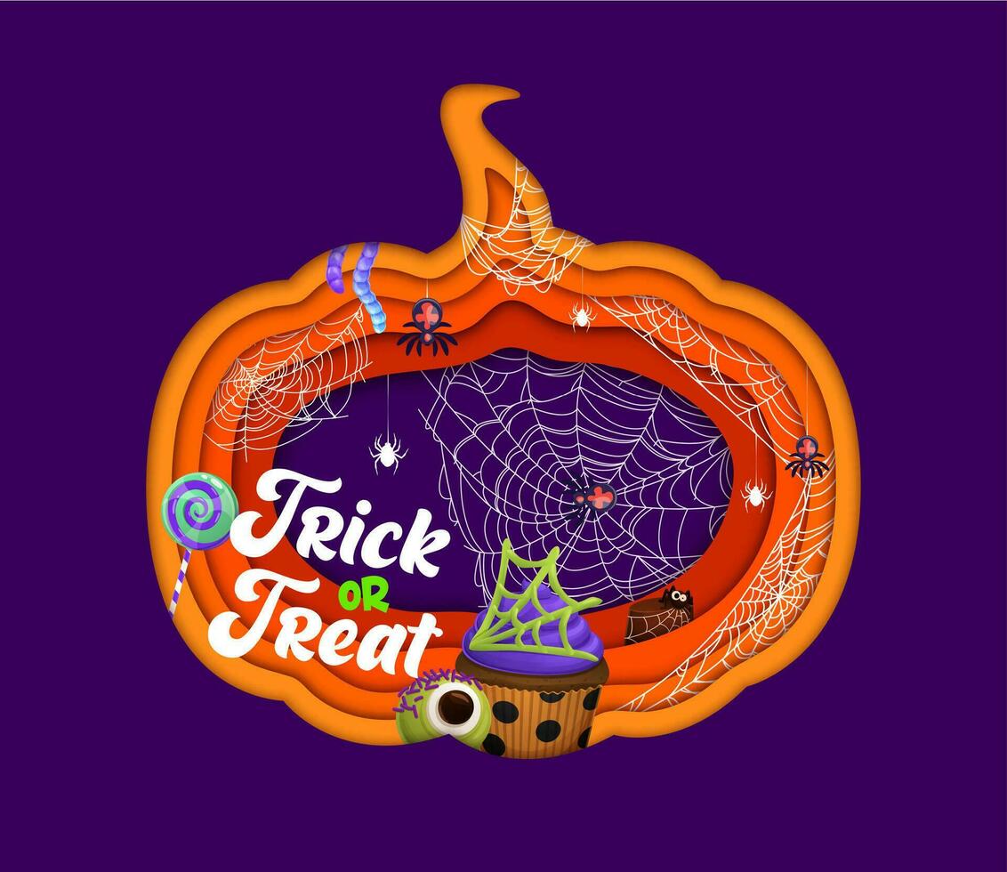 Halloween papercut pumpkin with spiders and cobweb vector
