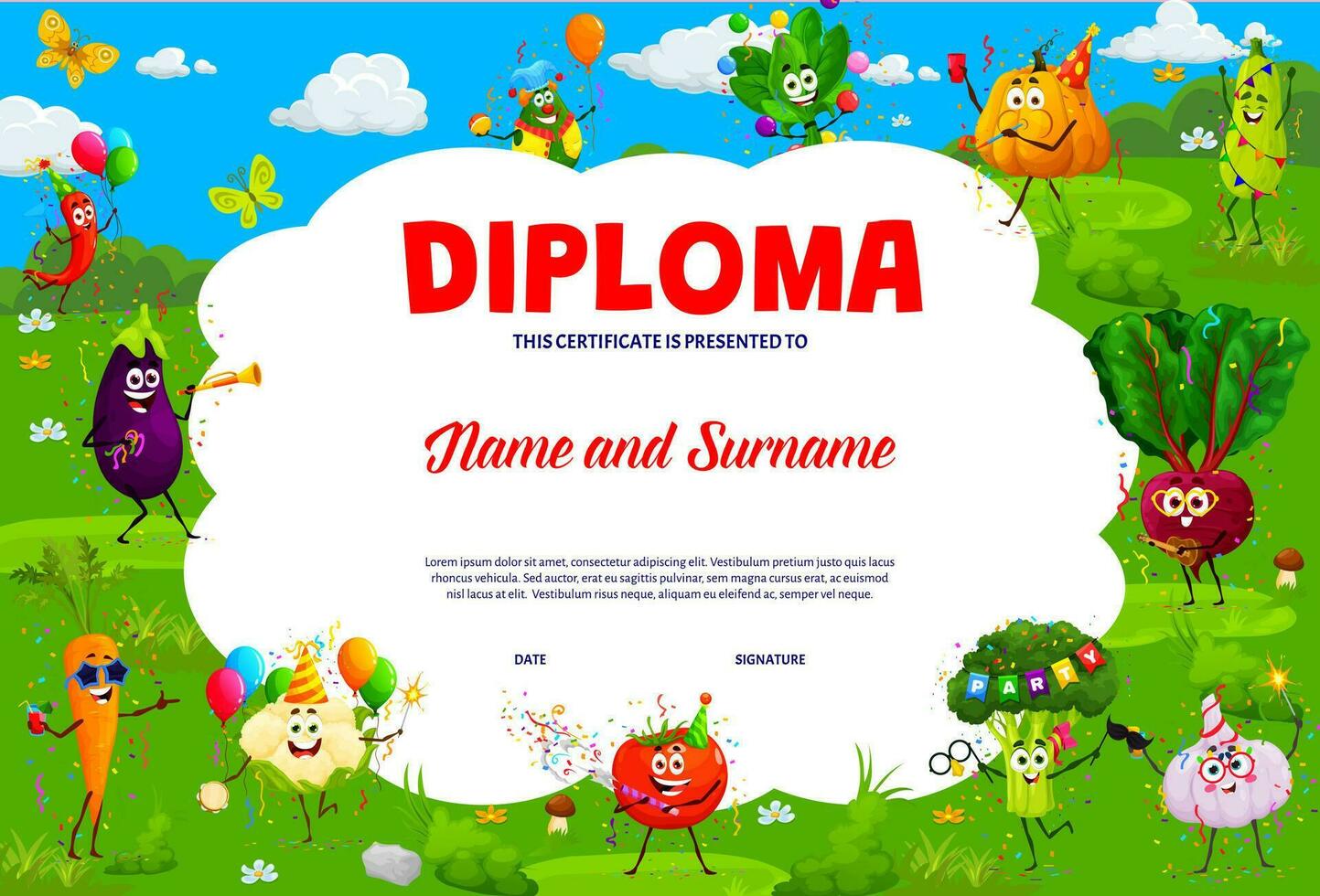 Kids diploma, cute vegetable characters at party vector