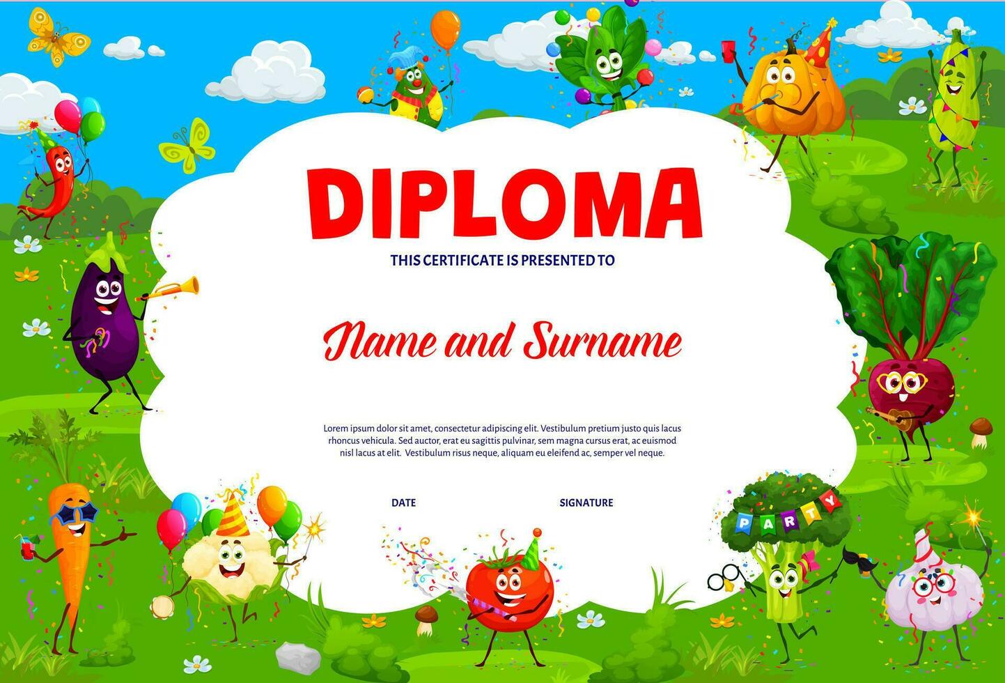 niños diploma, linda vegetal caracteres a fiesta vector