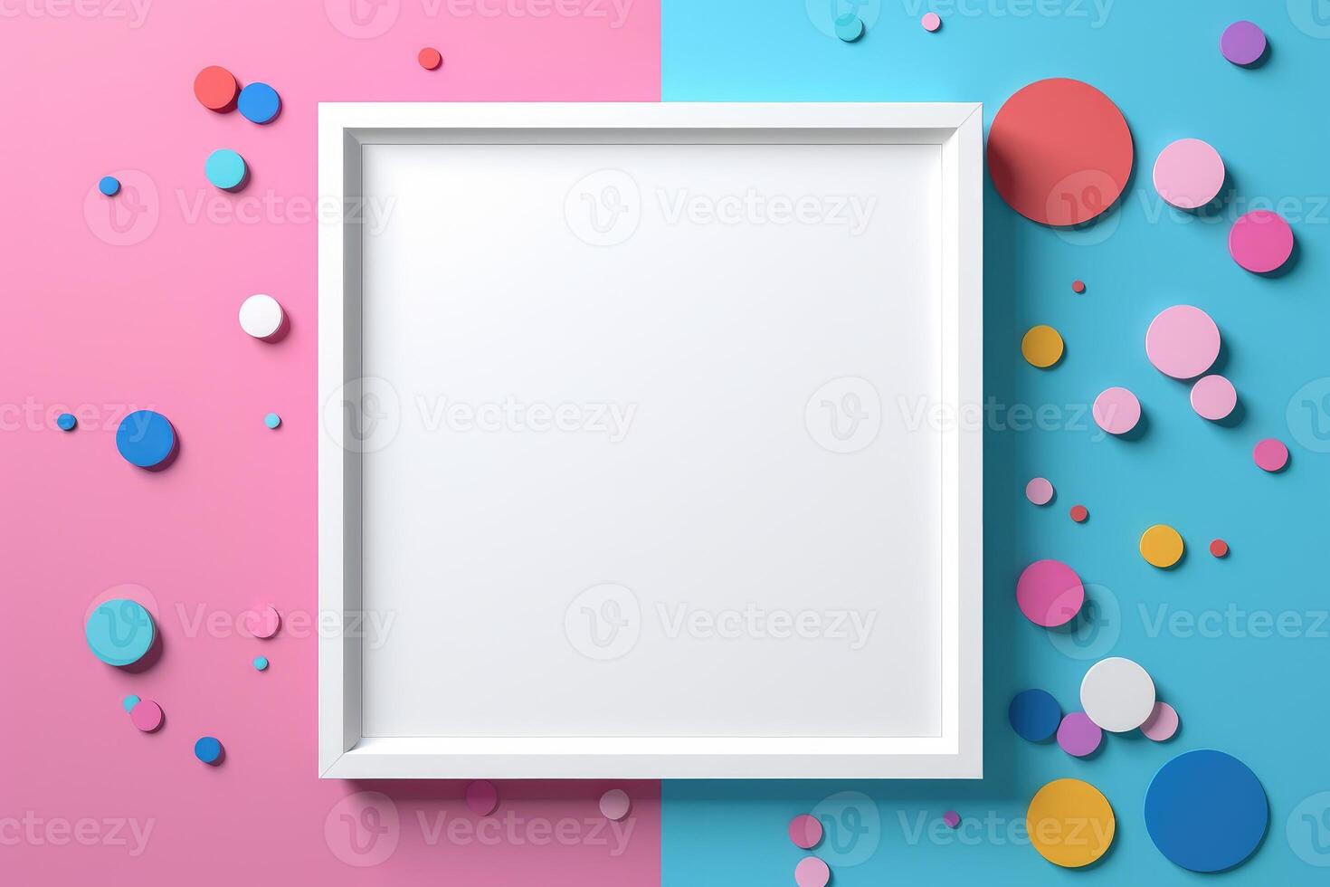 Blank mockup photo frame on colorful wall with decorations,