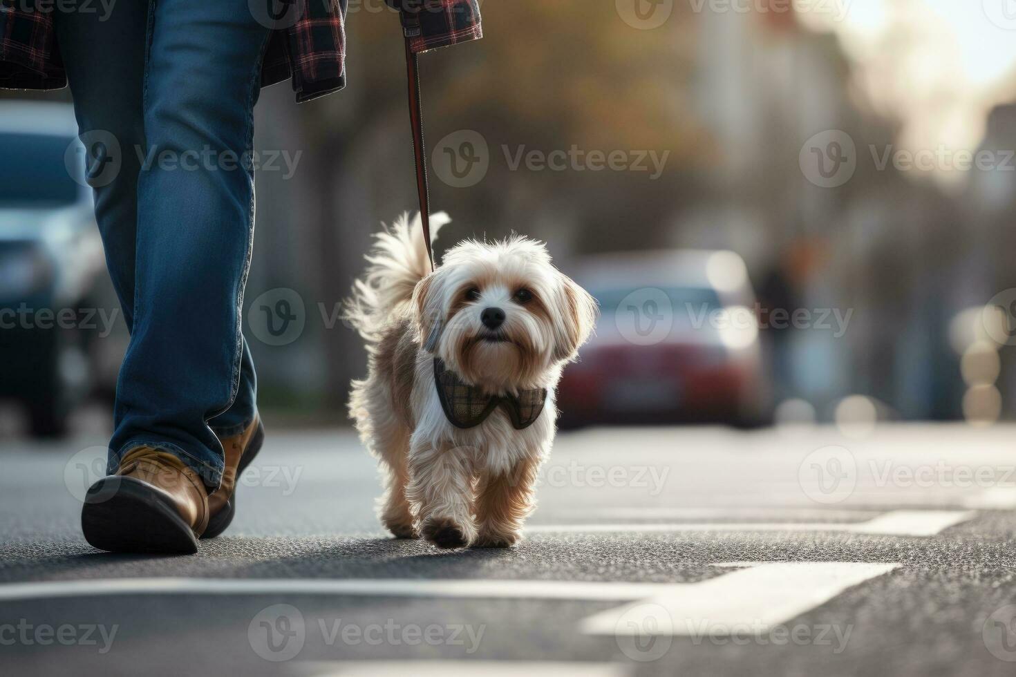 dog walking with unrecognizable owner in city street crosswalk, AI Generated photo