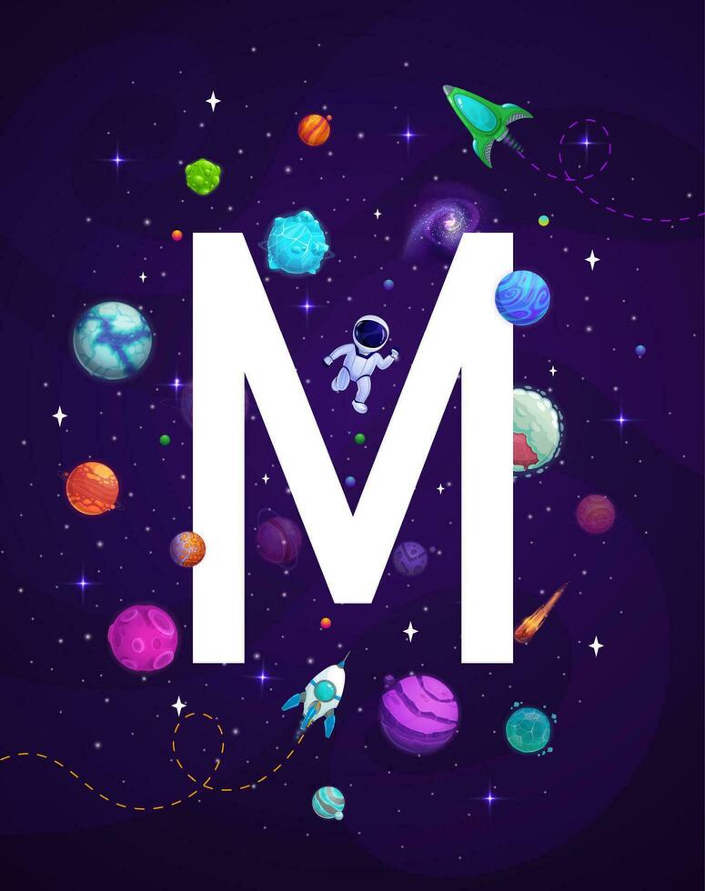 Cartoon space letter M. Kids alphabet poster vector