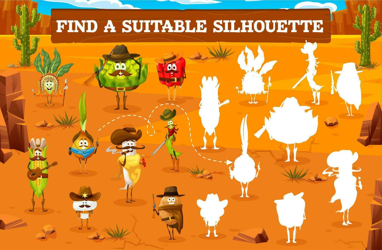 Find suitable silhouette game, cowboy vegetables vector