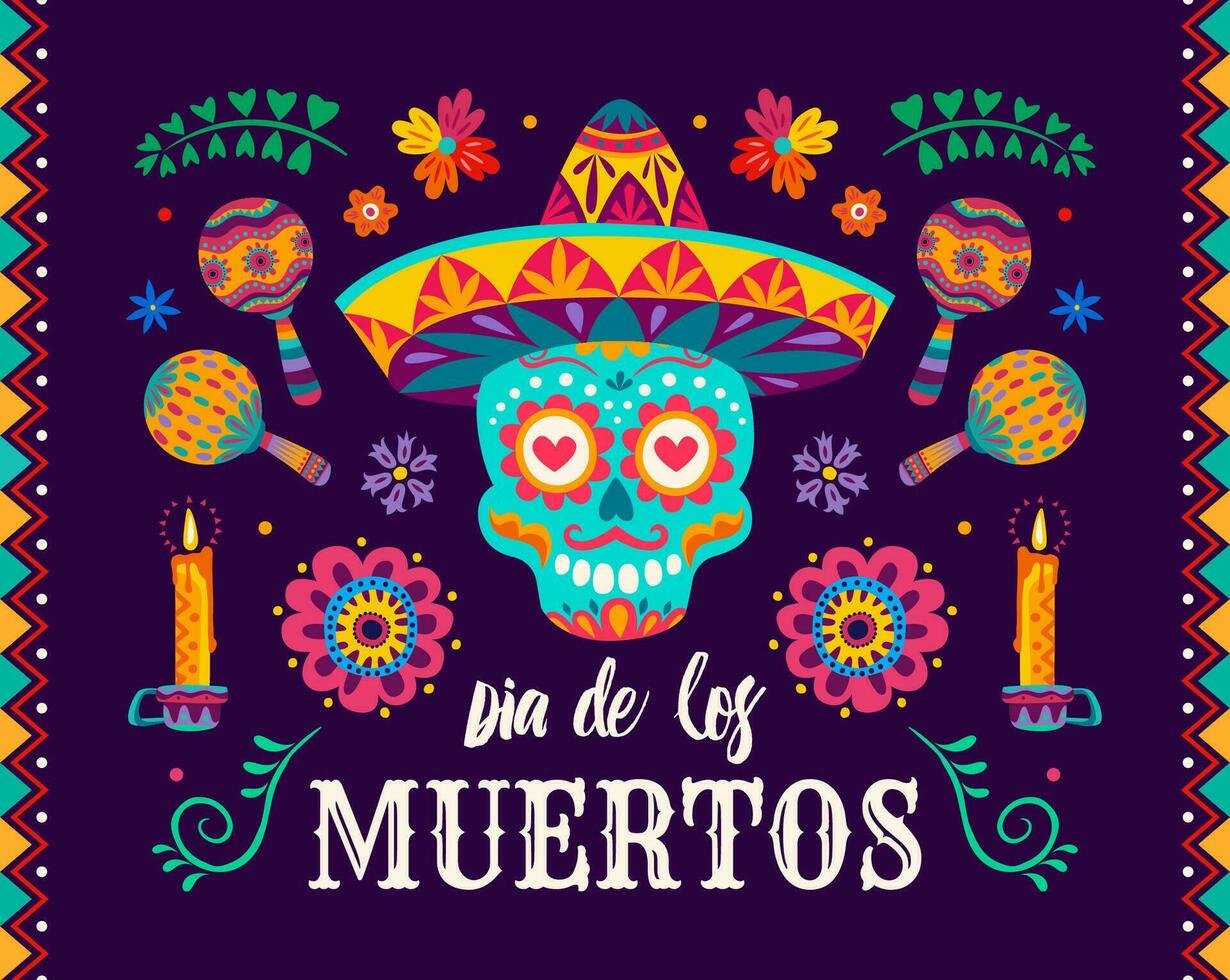 Sugar skull, flowers on Dia de los Muertos banner vector