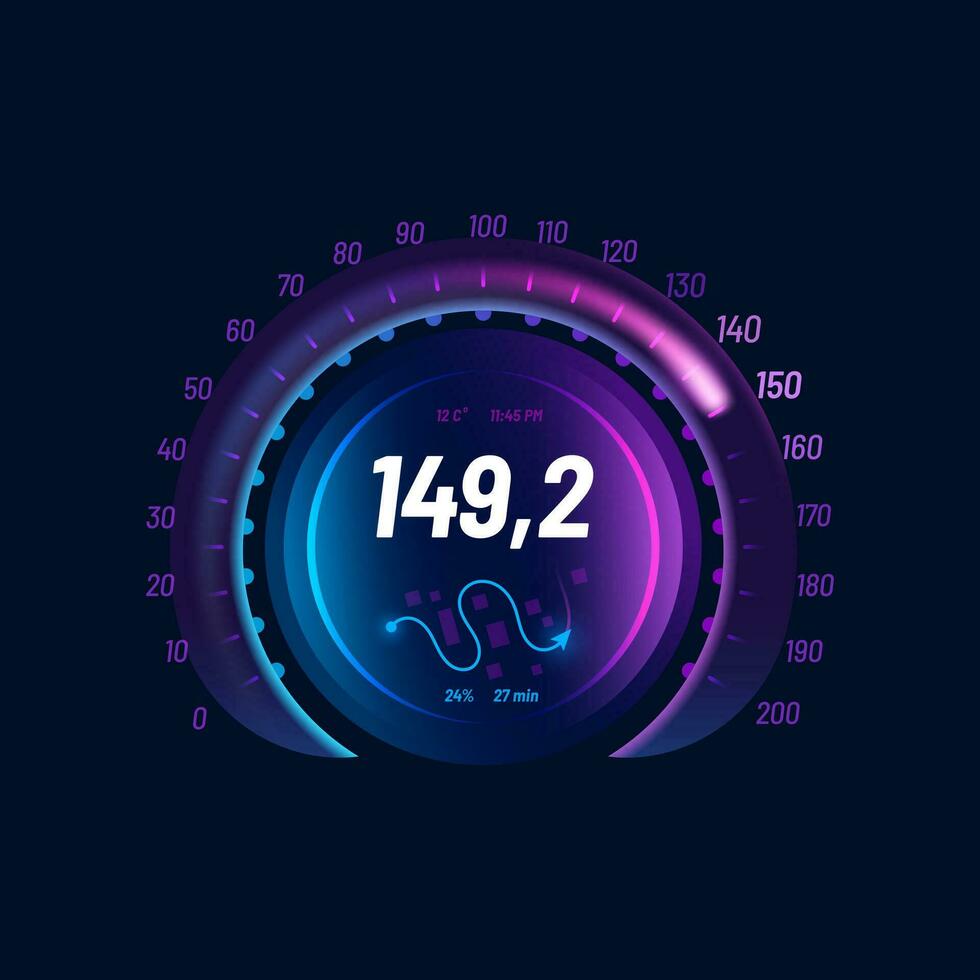 Speedometer neon dial, speed gauge dashboard vector