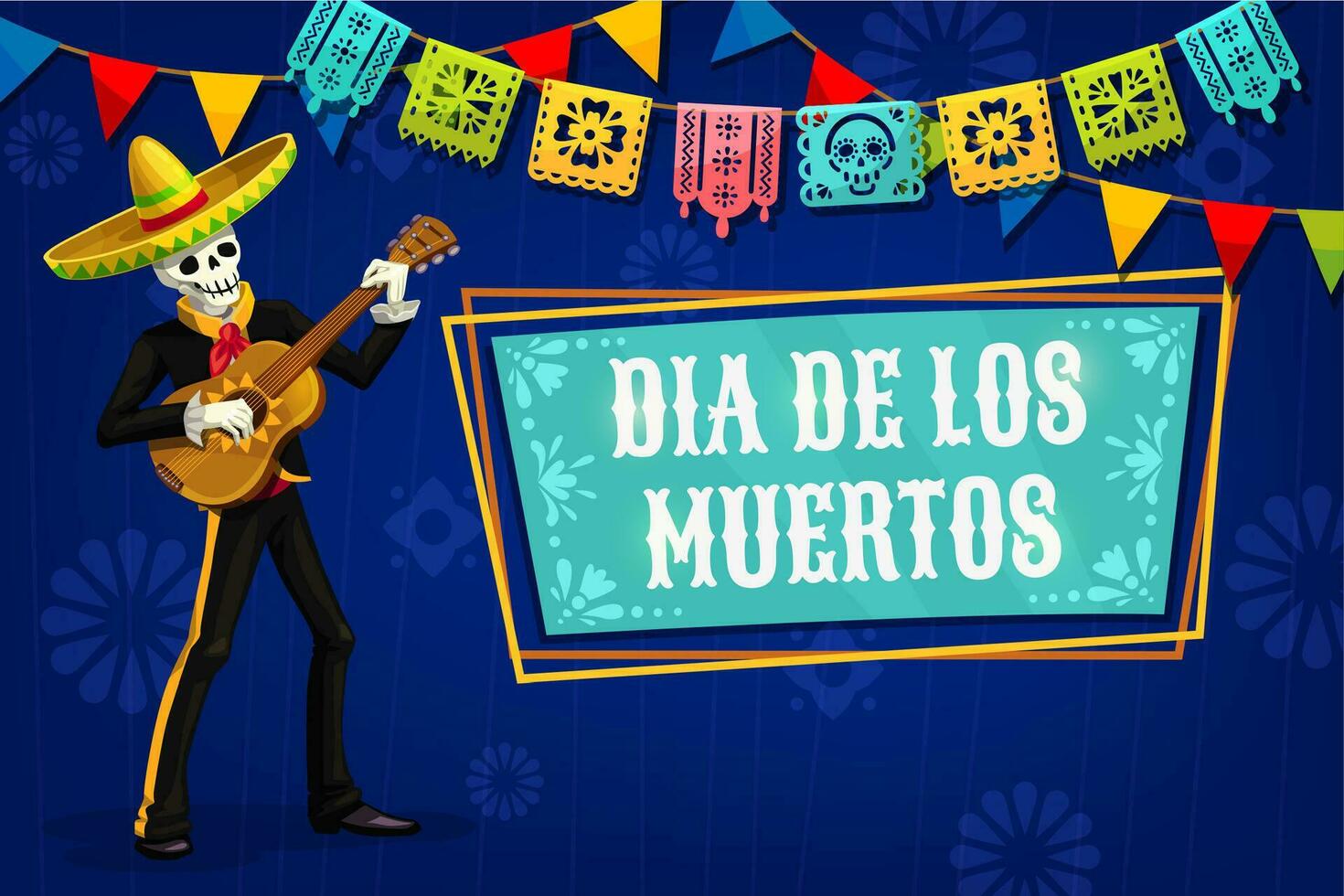 Mariachi skeleton on Dia de los Muertos banner vector