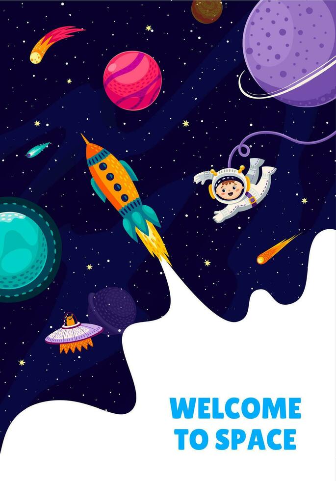 Space travel poster. Rocket launch, kid astronaut vector