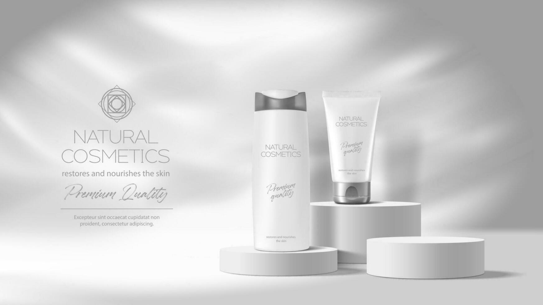 Grey monochrome podium mockup, cosmetics bottles vector