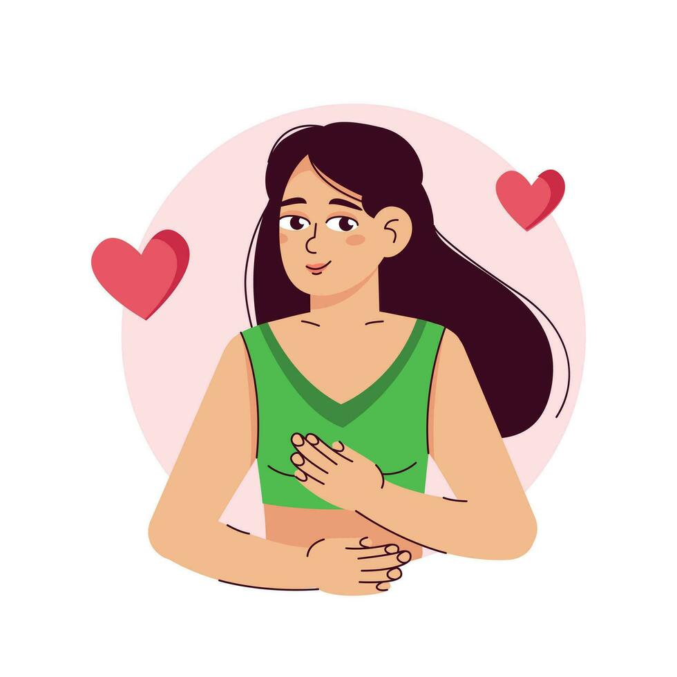 Taking care of yourself. Take time for yourself. Vector illustration. A woman hugging herself with on a white background. Flat vector illustration.