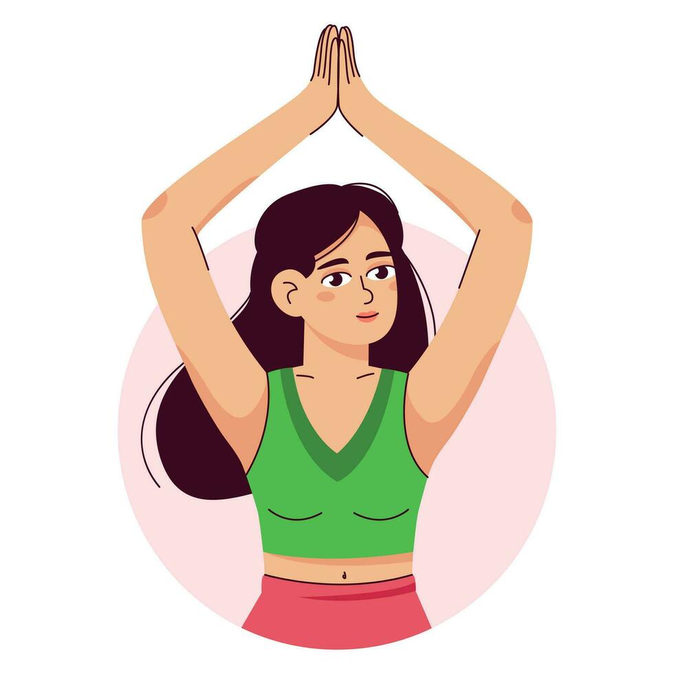 un mujer medita en el loto posición. pilates, yoga y meditación. relajación y relajación, interior paz y balance, un joven niña toma cuidado de su salud. plano vector ilustración