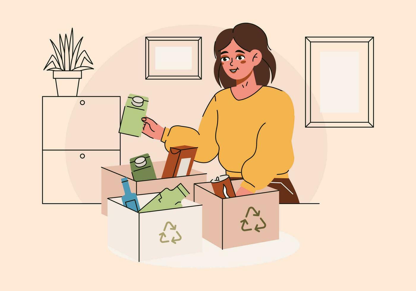 Garbage, the concept of garbage sorting. A woman sorting waste, garbage. Flat graphic vector illustration, on a colored background with text