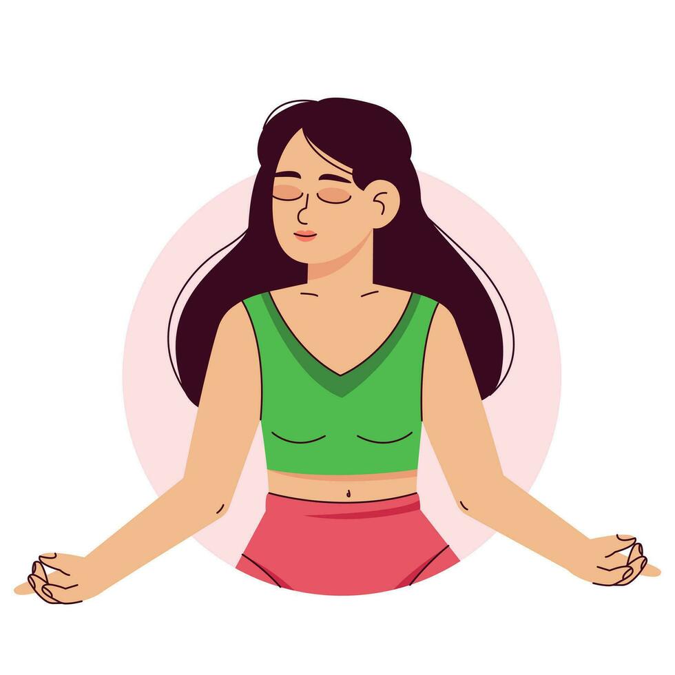 un mujer medita en el loto posición. pilates, yoga y meditación. relajación y relajación, interior paz y balance, un joven niña toma cuidado de su salud. plano vector ilustración