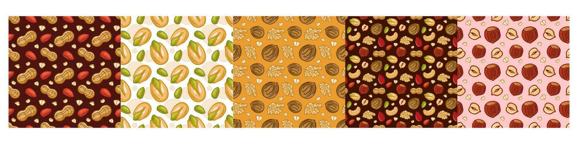 a set of seamless nuts patterns. The patterns are suitable for packaging, decorative paper, textiles. Vector illustration