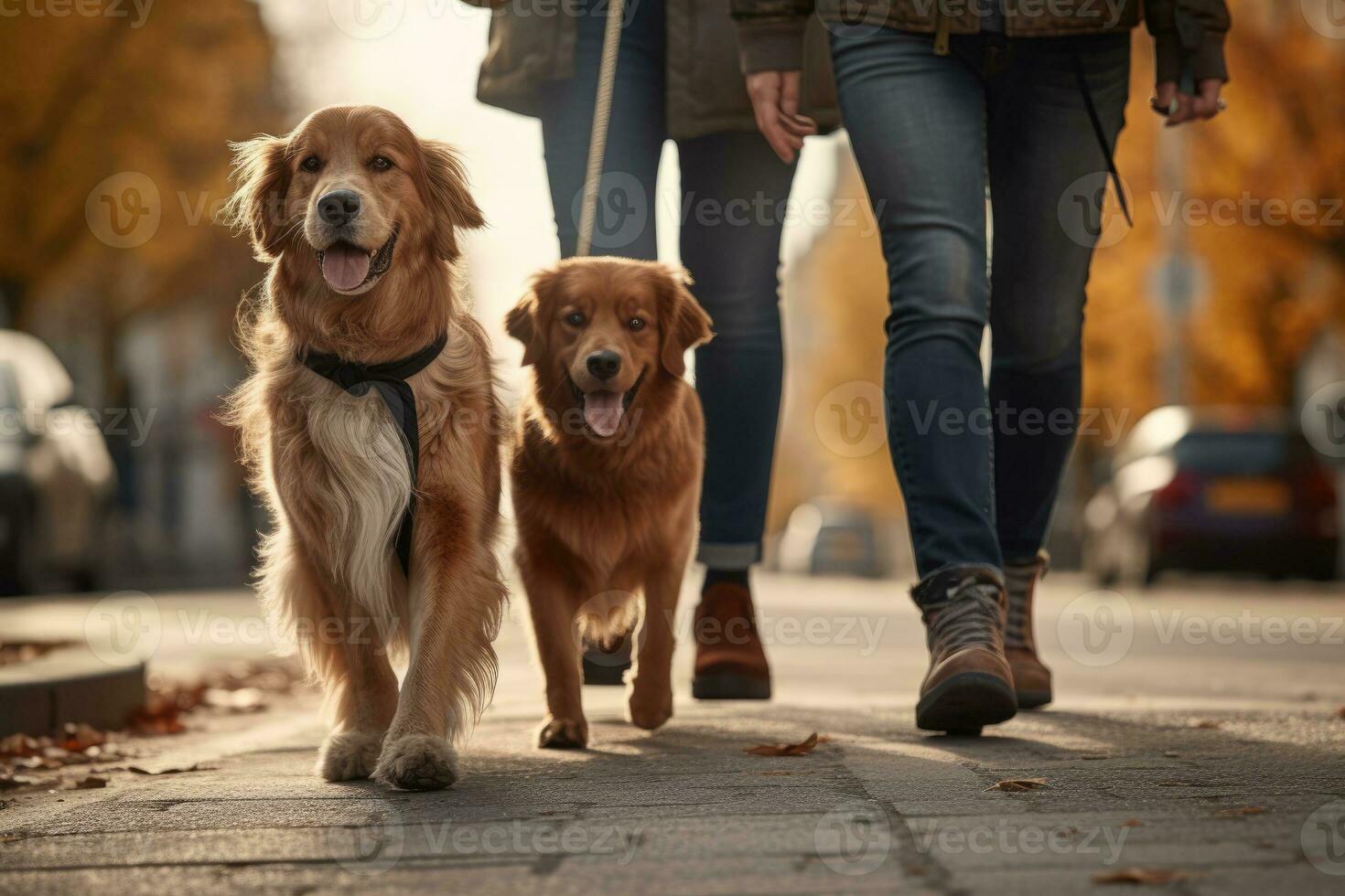 dogs walking with unrecognizable owner in city street crosswalk, AI Generated photo