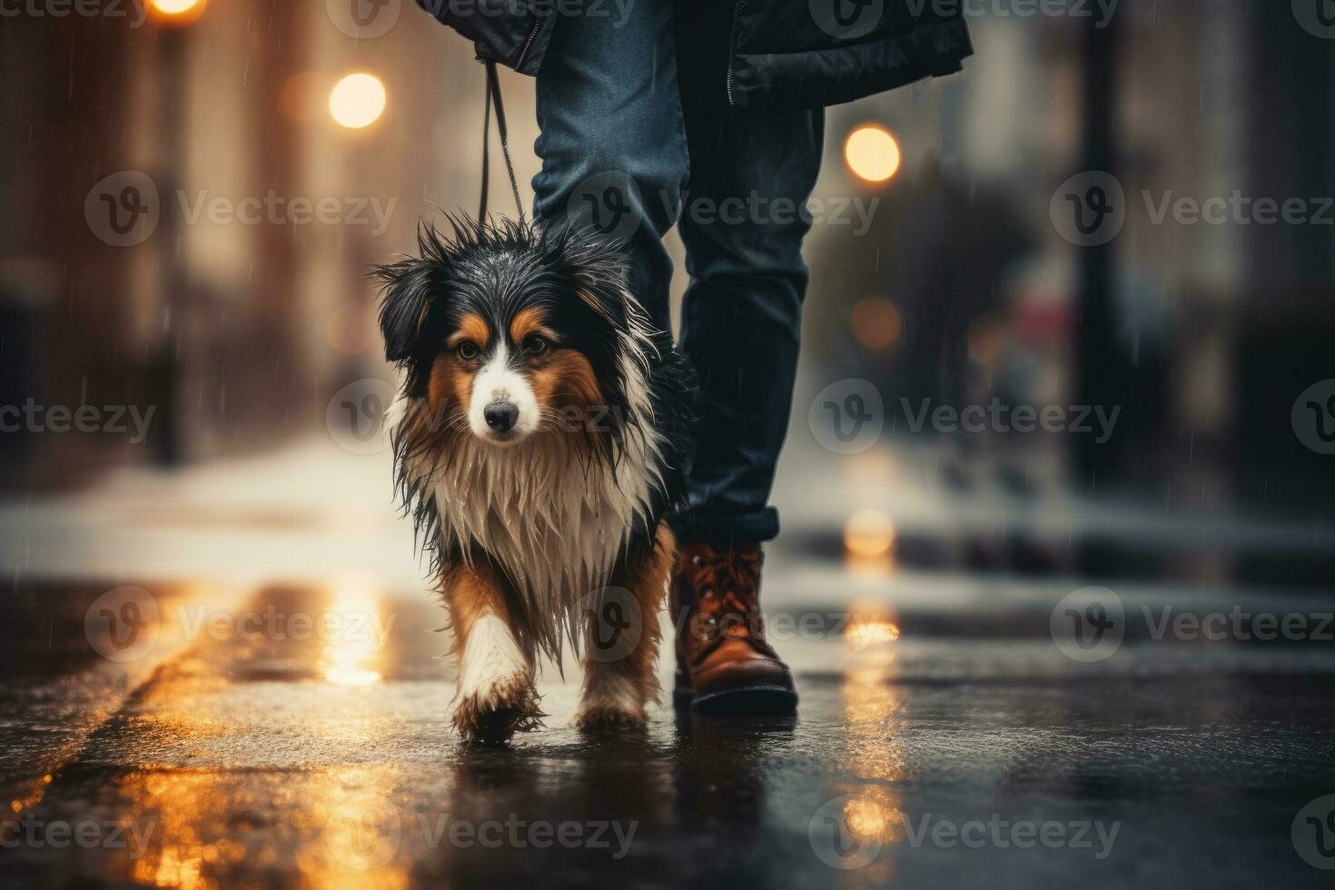 dog walking with unrecognizable owner in city street crosswalk, AI Generated photo