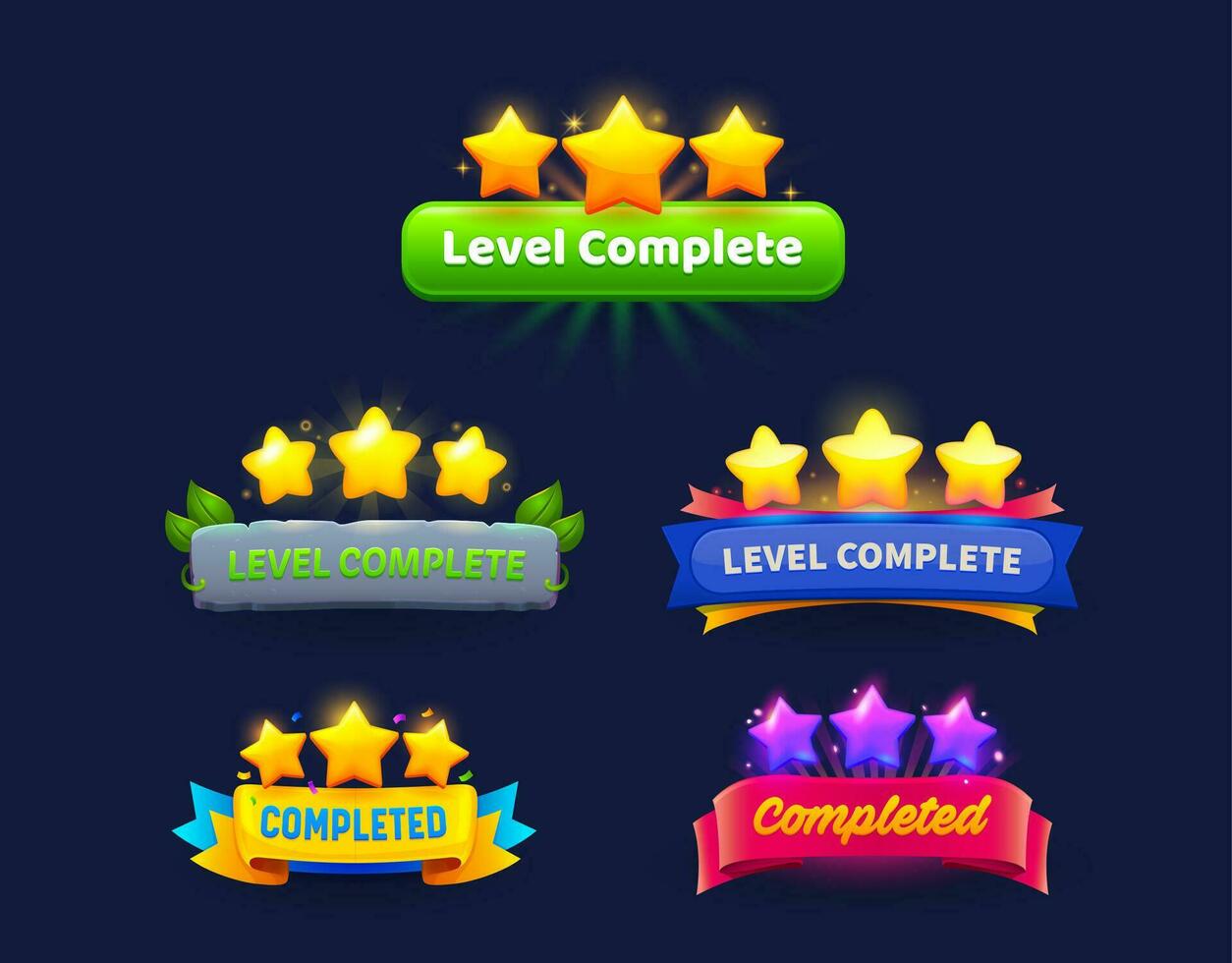 Game level complete or level up badge icons set vector