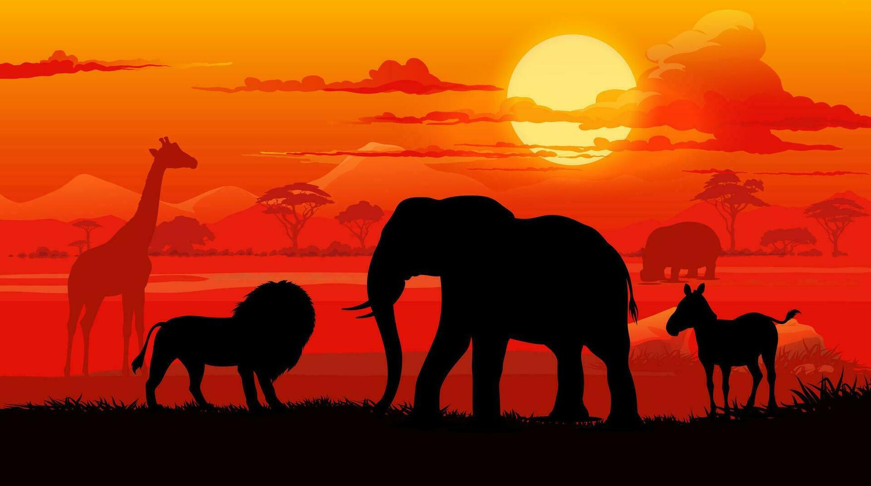 africano puesta de sol paisaje con animales siluetas vector