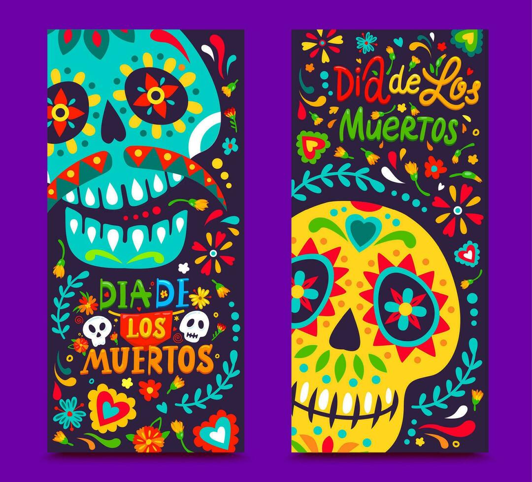 Dia de los Muertos banners with flowers and skulls vector