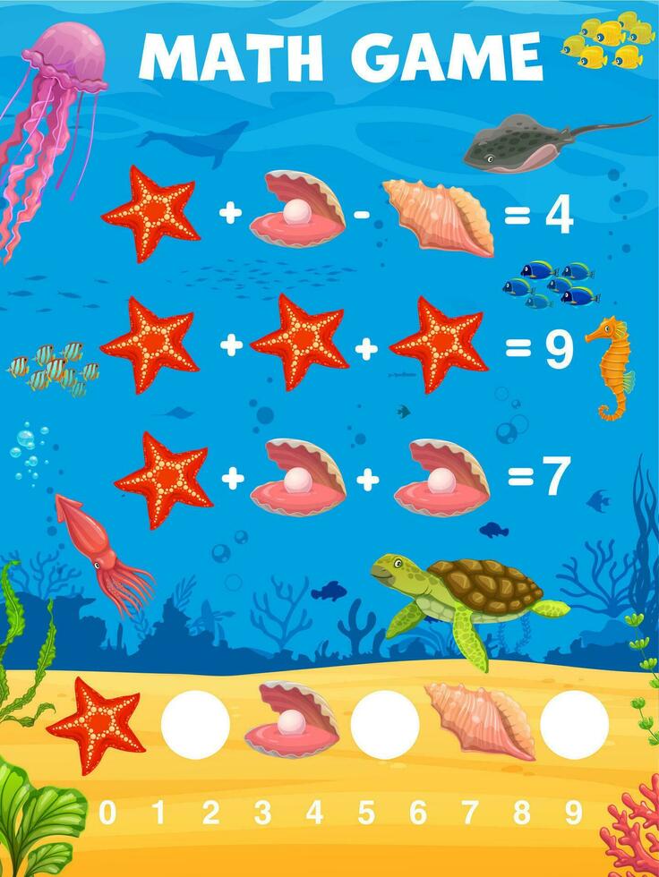 Math game worksheet with sea animals, fish, shells vector