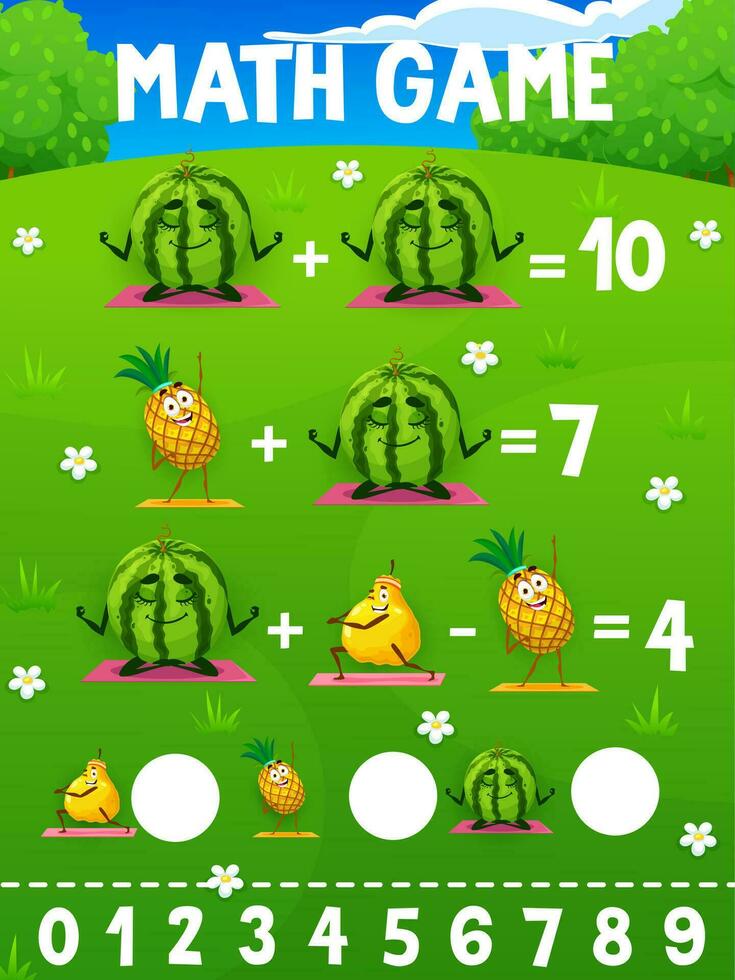 Math game worksheet cartoon fruit on yoga fitness vector